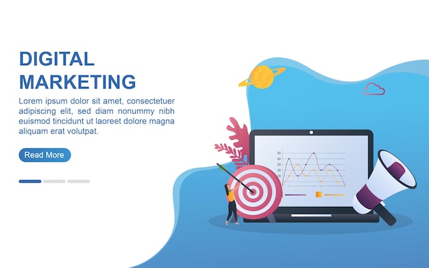 Concepto de ilustración de marketing digital con el diagrama en la pantalla y la persona que tiene el objetivo.