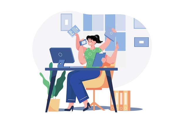 Concepto de ilustración de mujer de negocios multitarea sobre fondo blanco