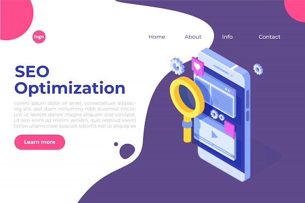Concepto de ilustración de optimización de web seo isométrica. Plantilla de página de destino. Etiqueta para banner web, página web, banner, presentación, redes sociales, documentos, tarjetas, carteles.