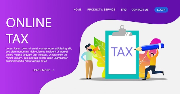 Concepto de ilustración de pago de impuestos en línea, personas que completan el formulario de impuestos, puede utilizar para, página de inicio, plantilla, interfaz de usuario, póster.