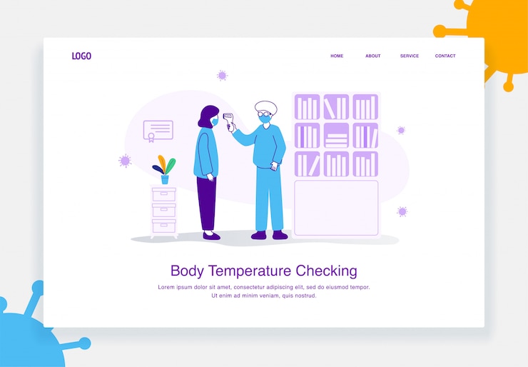 Vector el concepto de ilustración plana de médicos verifica la temperatura corporal de la mujer con una pistola de termómetro sin contacto para la plantilla de página de destino