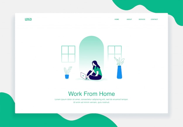 Concepto de ilustración plana de mujeres que trabajan desde casa usando una computadora portátil para la plantilla de página de destino