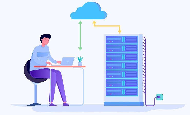 Vector concepto de ilustración plana de servicio de computación en la nube de alojamiento en la nube