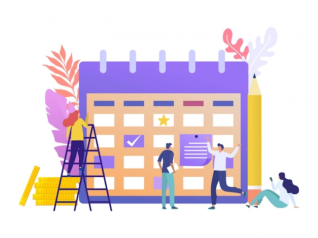 Concepto de ilustración de recordatorio de agenda de planificación empresarial, grupo de empleados felices escribir horario en notas adhesivas