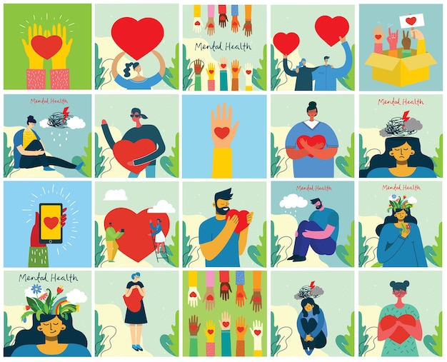 Concepto de ilustración de salud mental. Hombre joven y mujer con tormenta en la cabeza. Interpretación visual de la psicología de la salud mental en el diseño plano.