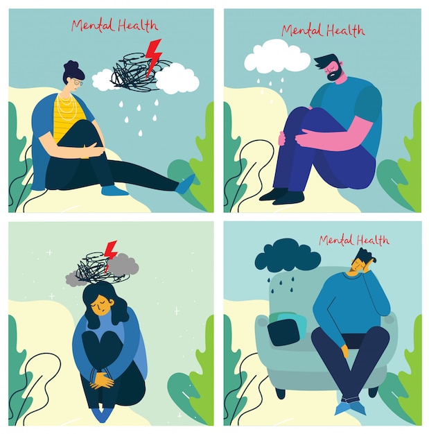 Concepto de ilustración de salud mental. Hombre joven y mujer con tormenta en la cabeza. Interpretación visual de la psicología de la salud mental.
