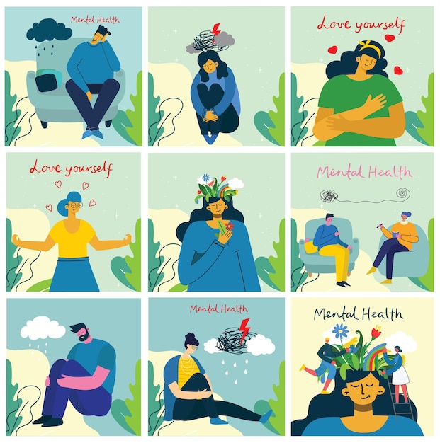 Concepto de ilustración de salud mental. Interpretación visual de la psicología de la salud mental en el diseño plano.