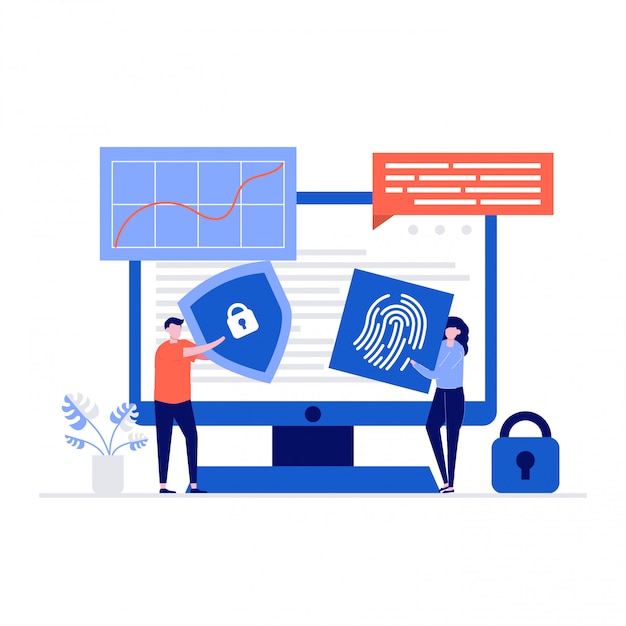 Concepto de ilustración de seguridad cibernética con caracteres, escudo y huella digital. seguridad de datos, control de acceso protegido, protección de datos de privacidad.