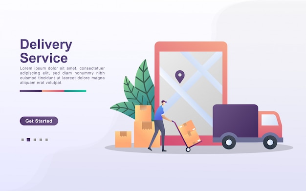Concepto de ilustración de servicio de entrega con personas pequeñas. Los mensajeros están transportando bienes para ser enviados a los clientes.