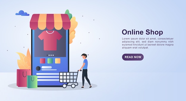 Concepto de ilustración de tienda online con gente empujando carros de compras.