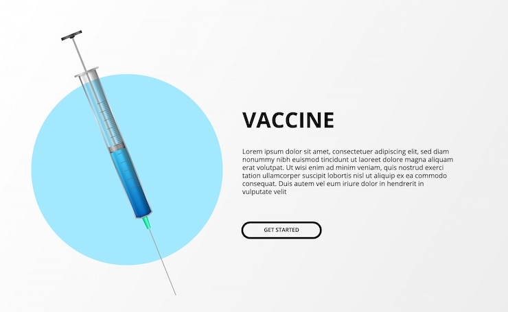Vector concepto de ilustración de vacuna. jeringa 3d con cura azul de drogas líquidas
