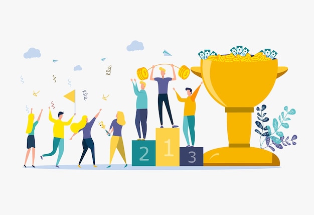 Concepto de ilustración de vector colorido de lograr el ganador de objetivo de negocio de vector con una copa de oro