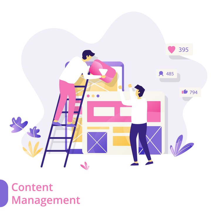Vector concepto de ilustración de vector de gestión de contenido de página de aterrizaje, hombres colaborando para crear contenido