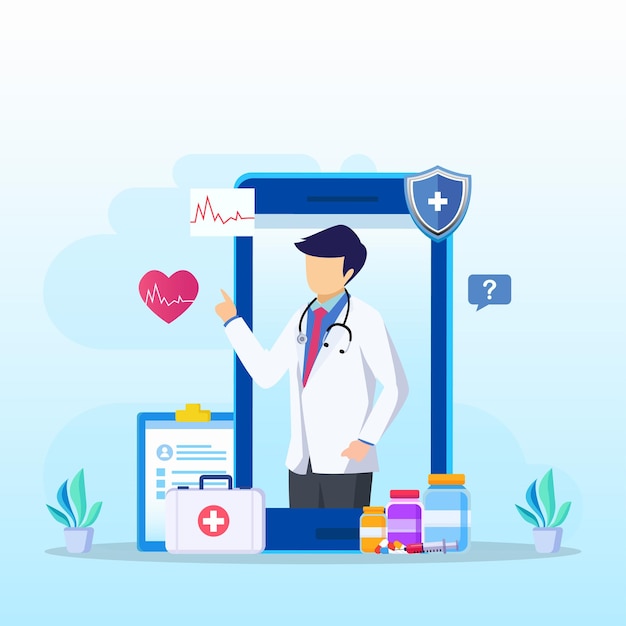 Concepto de ilustración de vector de médico en línea Consulta médica en línea y soporte en línea