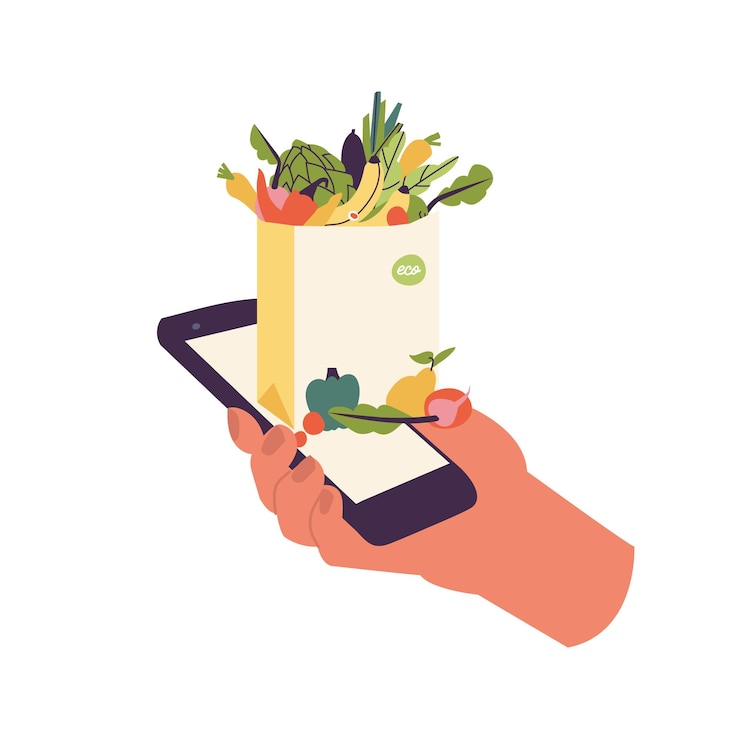Vector concepto de ilustración vectorial de compras de comestibles en línea servicio de entrega de alimentos ecológicos