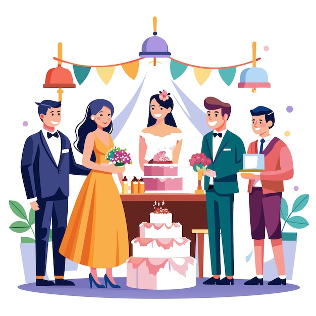 El concepto de ilustración vectorial de la fotografía del día de la boda de la novia y el novio