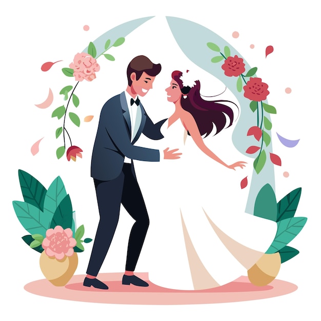 El concepto de ilustración vectorial de la fotografía del día de la boda de la novia y el novio