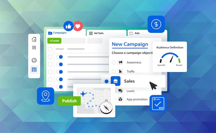 Vector el concepto de ilustración vectorial del gerente de anuncios interfaz de la plataforma de marketing gabinete de publicidad de social