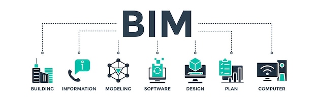 Concepto de ilustración vectorial de íconos web de banner BIM para el modelado de información de edificios
