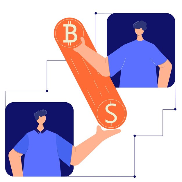 Concepto de ilustración vectorial para el intercambio de criptomonedas Dos hombres se dan criptodivisas
