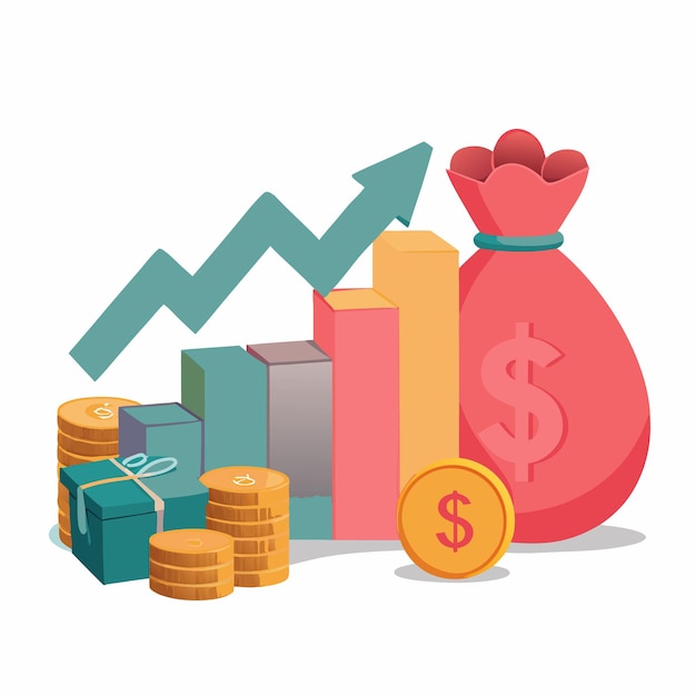 Concepto de ilustración vectorial de inversión empresarial en estilo plano que incluye gráficos de monedas y dinero