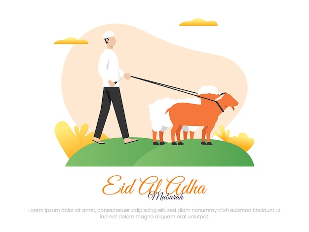 Concepto de ilustración vectorial islámica para la celebración o el sacrificio de eid aladha con un hombre que sostiene un cuchillo para sacrificar ovejas y cabras