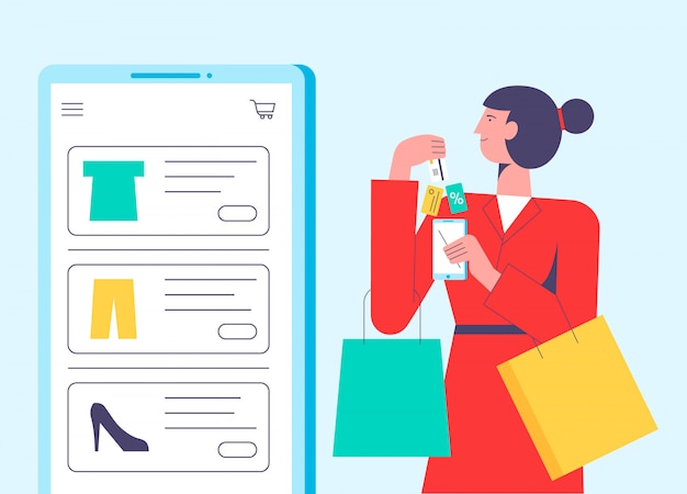Concepto de ilustración vectorial plana de mujer de compras en línea con bolsa.