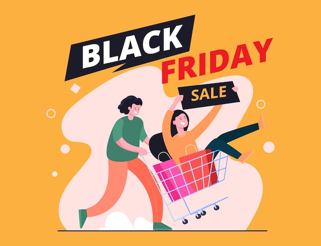 Concepto de ilustración de venta de viernes negro, 2 personas y empujando el carrito de compras felizmente debido a muchos descuentos