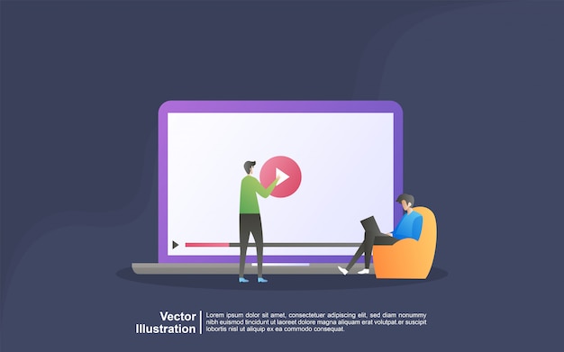 Concepto de ilustración de video streaming. la gente juega videos en línea, películas, películas. se puede usar para, página de inicio, plantilla, interfaz de usuario, web, aplicación móvil, banner