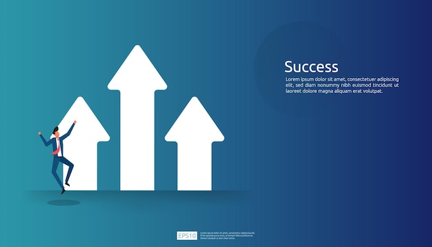 Concepto de ilustración de visión de éxito empresarial con gráfico de flecha hacia arriba y carácter de hombre de negocios