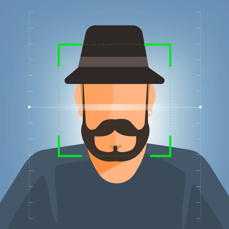 Vector concepto de ilustraciones tecnología de reconocimiento facial presente con retrato de cerca a la cara del ser humano para escanear. para editor de sitios web de banner o revista. ilustrar.