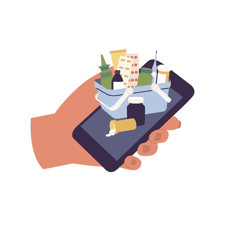 Vector concepto de ilustraciones vectoriales comprando las píldoras en línea con el teléfono inteligente pedido de medicamentos