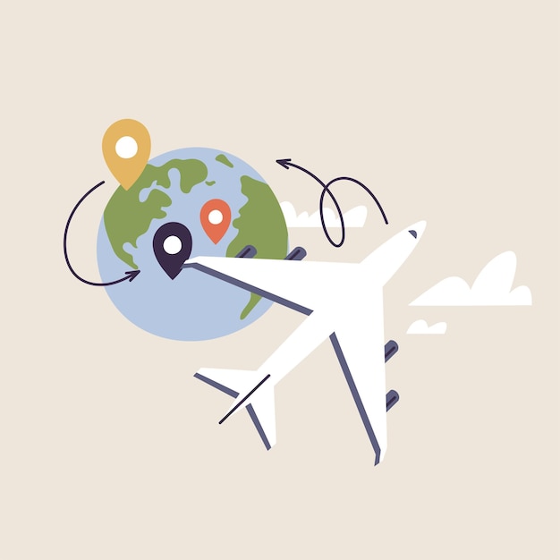 Concepto de ilustraciones vectoriales del globo terráqueo turístico con ubicación de puntos y avión