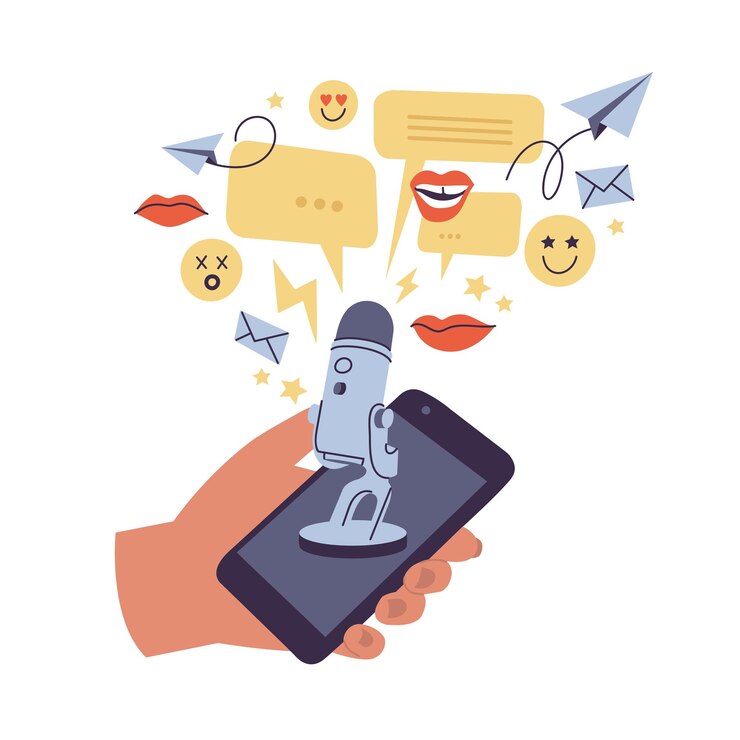 Vector concepto de ilustraciones vectoriales de grabación y escucha de podcasts servicio de transmisión de audio de radio en línea con teléfono móvil