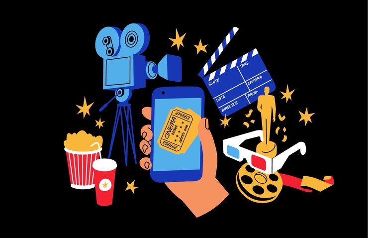 Concepto de ilustraciones vectoriales de pedido de entradas de cine en línea Mano humana sosteniendo un teléfono móvil con entradas de cine rodeadas de artículos de cine