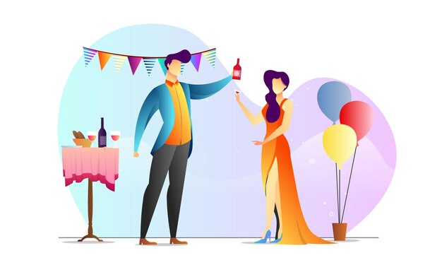 Vector concepto ilustrado plantilla creativa de cena de fiesta de hombre y mujer