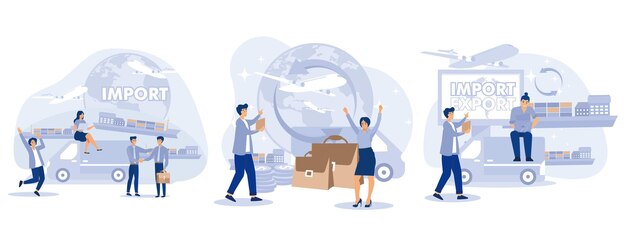 Concepto de importación y exportación Comercio global Negocio de logística Gente pequeña hombre de negocios venta de bienes y servicios en todo el mundo conjunto vector plano ilustración moderna
