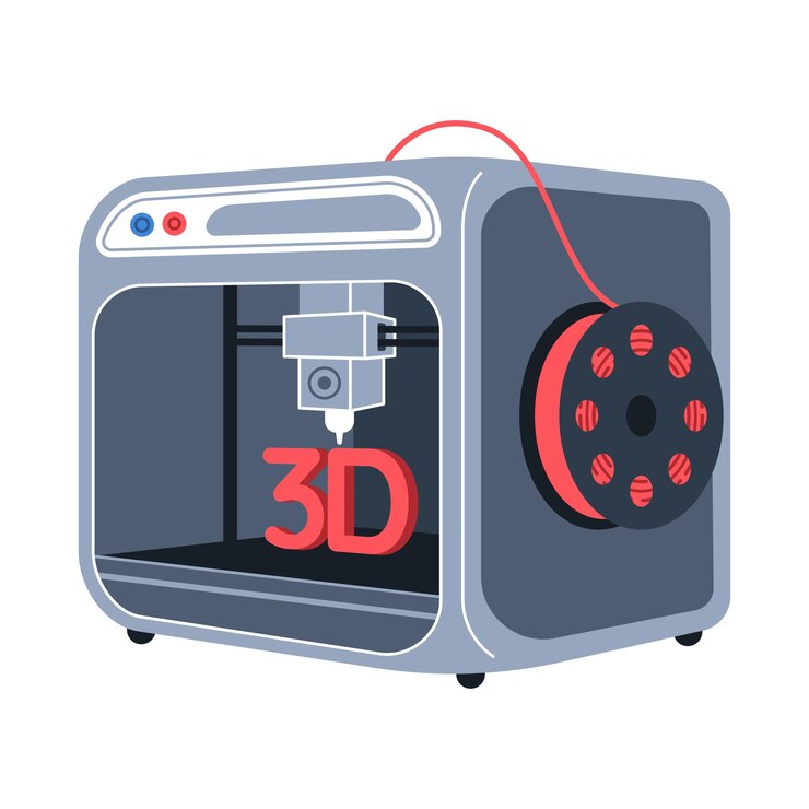 Vector concepto de impresión 3d dispositivo producido objeto de polímero ilustración plana vectorial aislada