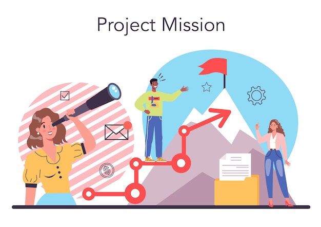 Concepto de incubadora de negocios Misión del proyecto Estrategia exitosa motivación y liderazgo Análisis y desarrollo de marketing Ilustración vectorial en estilo de dibujos animados