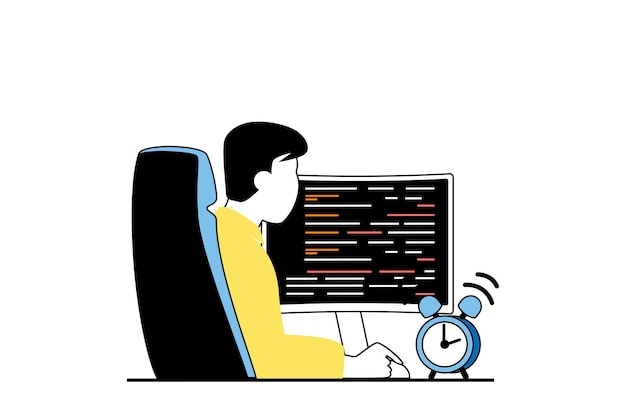 Concepto independiente con escena de personas en diseño web plano Hombre trabajando como programador remoto codificando y programando en computadora en casa Ilustración vectorial para material de marketing de banners en redes sociales