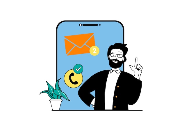 Concepto independiente con escena de personas en diseño web plano Hombre trabajando en línea y comunicándose con clientes con llamadas o chats en la aplicación Ilustración vectorial para material de marketing de banners en redes sociales