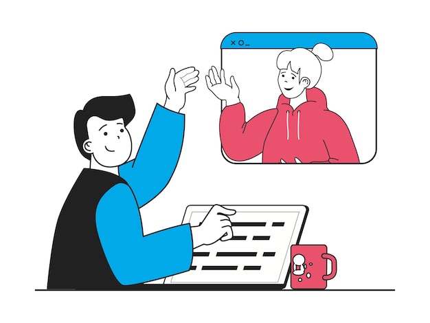 Concepto independiente con situación de personaje Hombre que trabaja en una computadora portátil y discute tareas con un colega en la pantalla en video chat grupal Ilustración vectorial con escena de personas en diseño plano para web