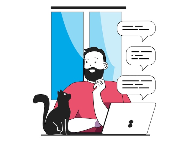 Concepto independiente con situación de personaje El trabajador independiente trabaja en una computadora portátil con gato recibe mensajes de colegas o clientes con una breve ilustración vectorial con escena de personas en diseño plano para web