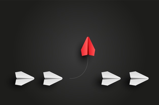 Concepto de individualidad. El avión de papel rojo líder individual y único vuela hacia un lado. ilustración