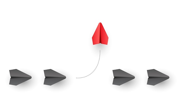 Concepto de individualidad El avión de papel rojo líder individual y único vuela hacia un lado Vector