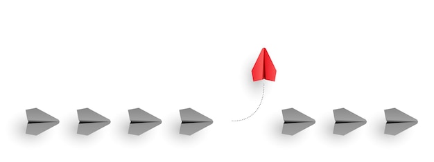 Concepto de individualidad Líder individual y único Avión de papel rojo vuela hacia el lado Vector