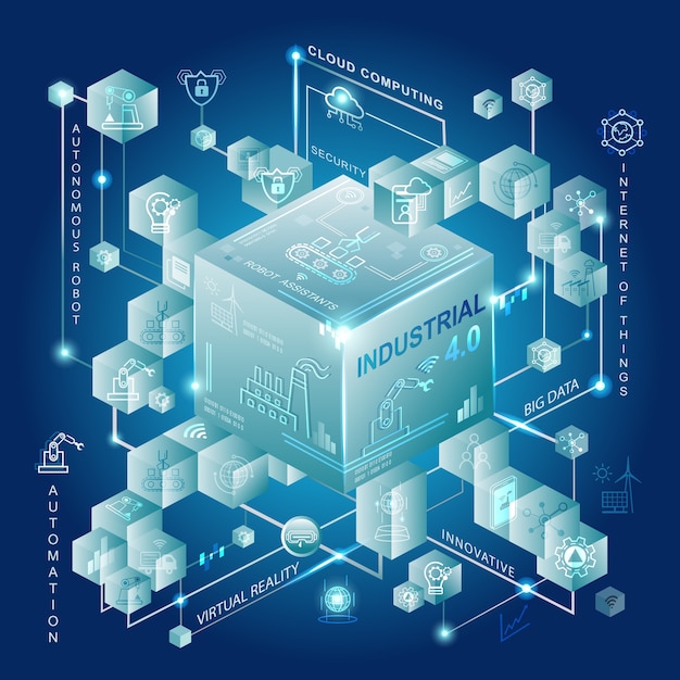 Concepto de industria 4.0 con fabricación inteligente y automatización.