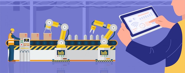 Vector concepto de industria 4.0, trabajador que usa brazos robóticos industriales de control de tableta en la fábrica.