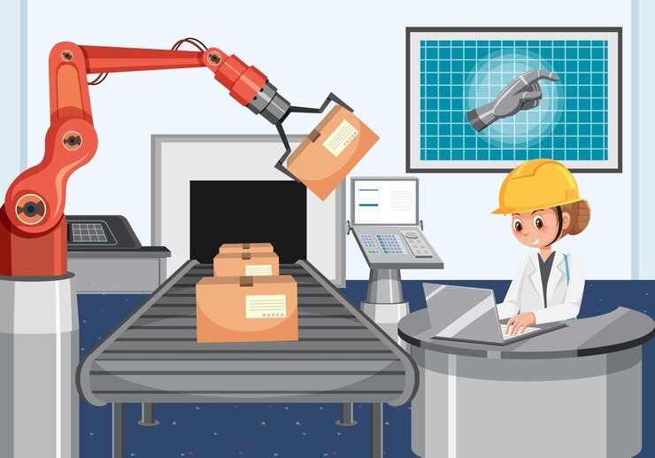 Vector concepto de industria de automatización con robots de línea de montaje