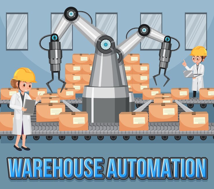 Vector concepto de industria de automatización con robots de línea de montaje